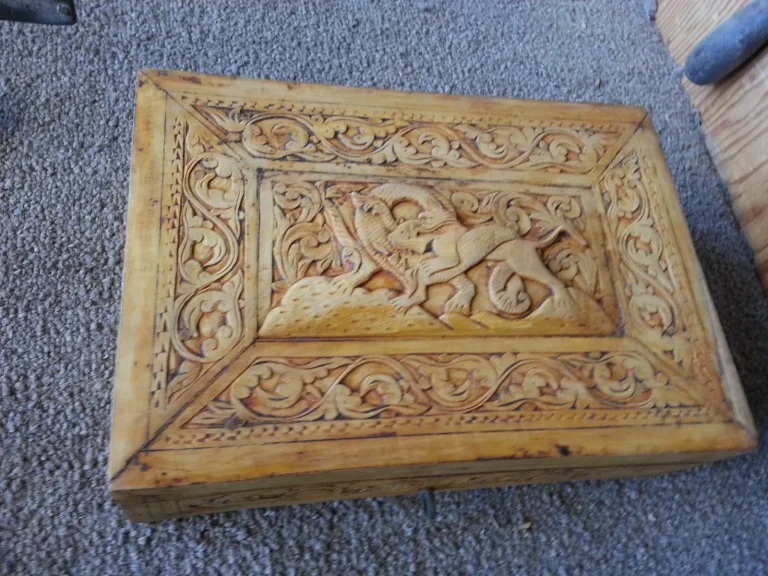 Egyptian Carved Jewelry Box — Repair & Refinishing — before restoration by Olek Inc.