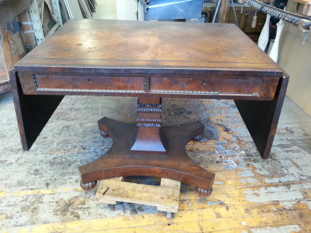 American Empire Burl Chestnut Drop Leaf Table — Refinishing — Before