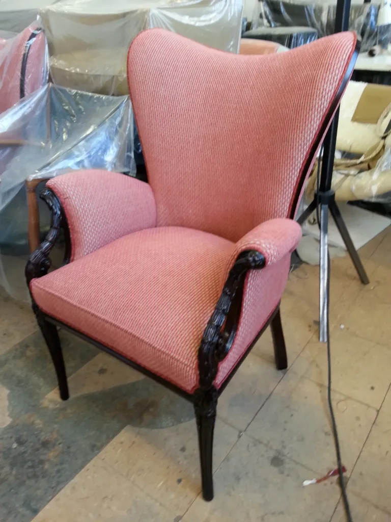 Art Deco high back chair after re-upholstery by Olek Inc.
