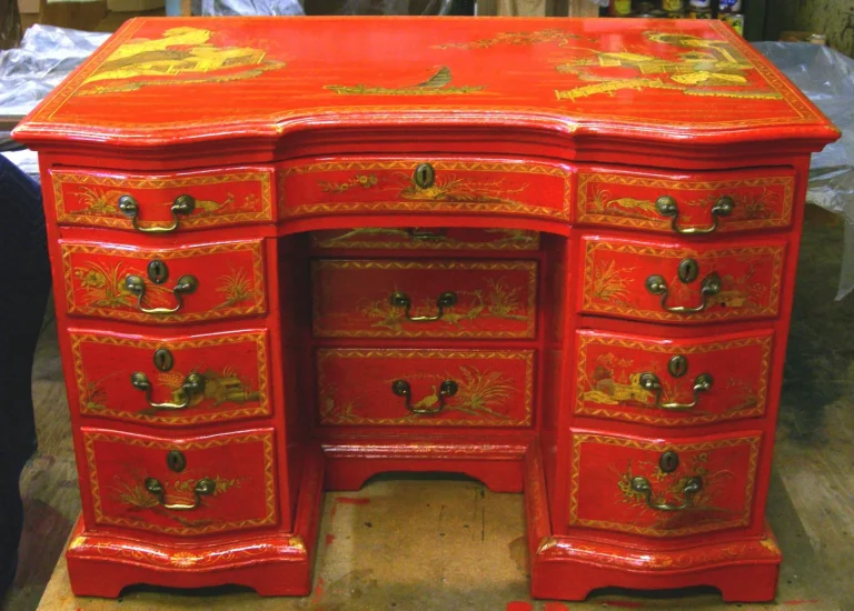 American Queen Anne period Chinese cinnabar parcel gilt and lacquered desk after restoration by Olek Inc.