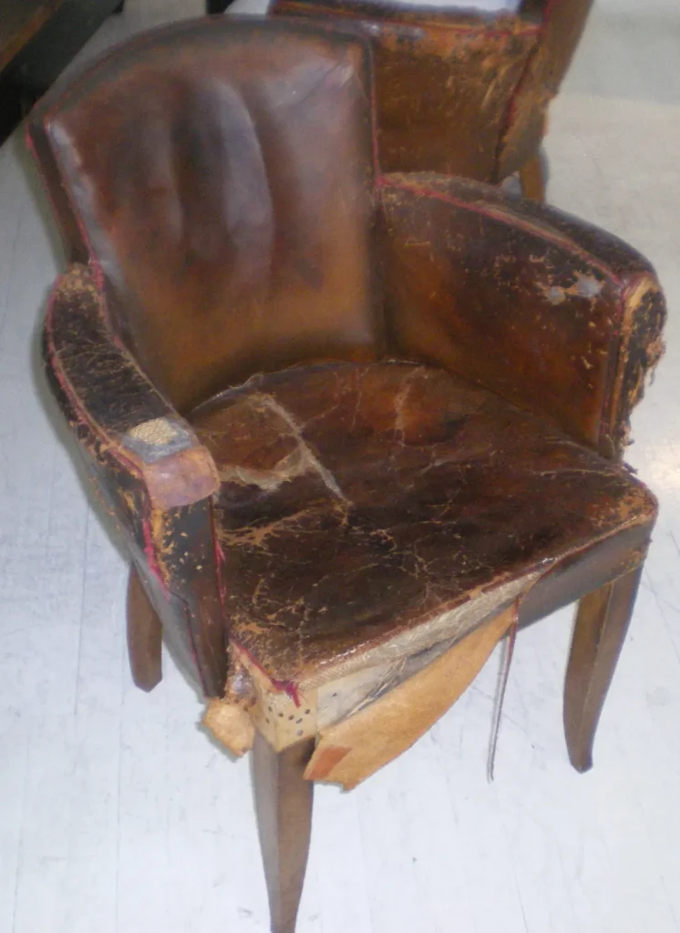 Art Deco Leather Armchair — Reupholstery & Distressed Finish — Before