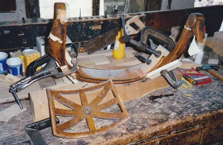 Essex County Courthouse bench and courtroom furniture before restoration by Olek Inc.
