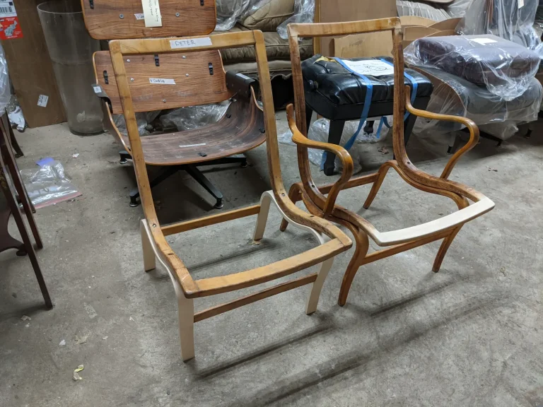 Mathsson bent plywood chair after new leg fabrication using caul and mold by Olek Inc.