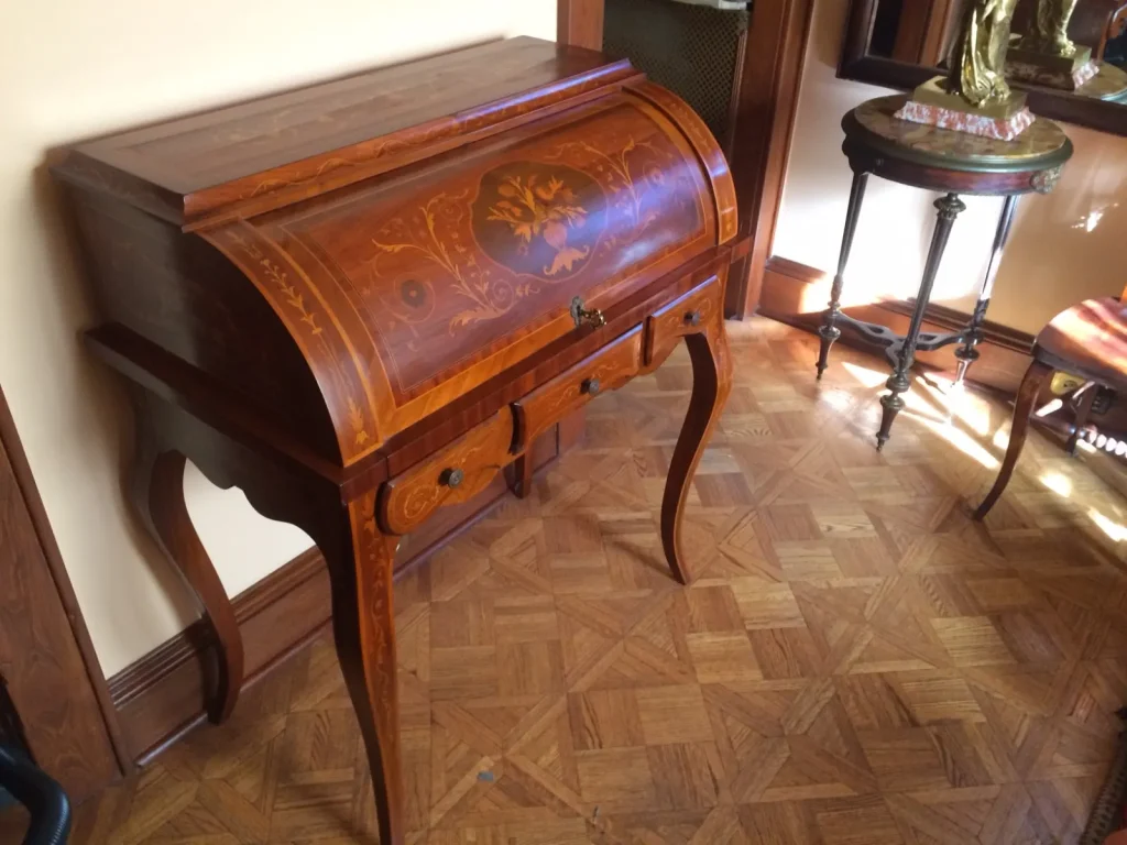 Louis XV Marquetry Cylinder Desk — Refinishing & Repair — before restoration by Olek Inc.