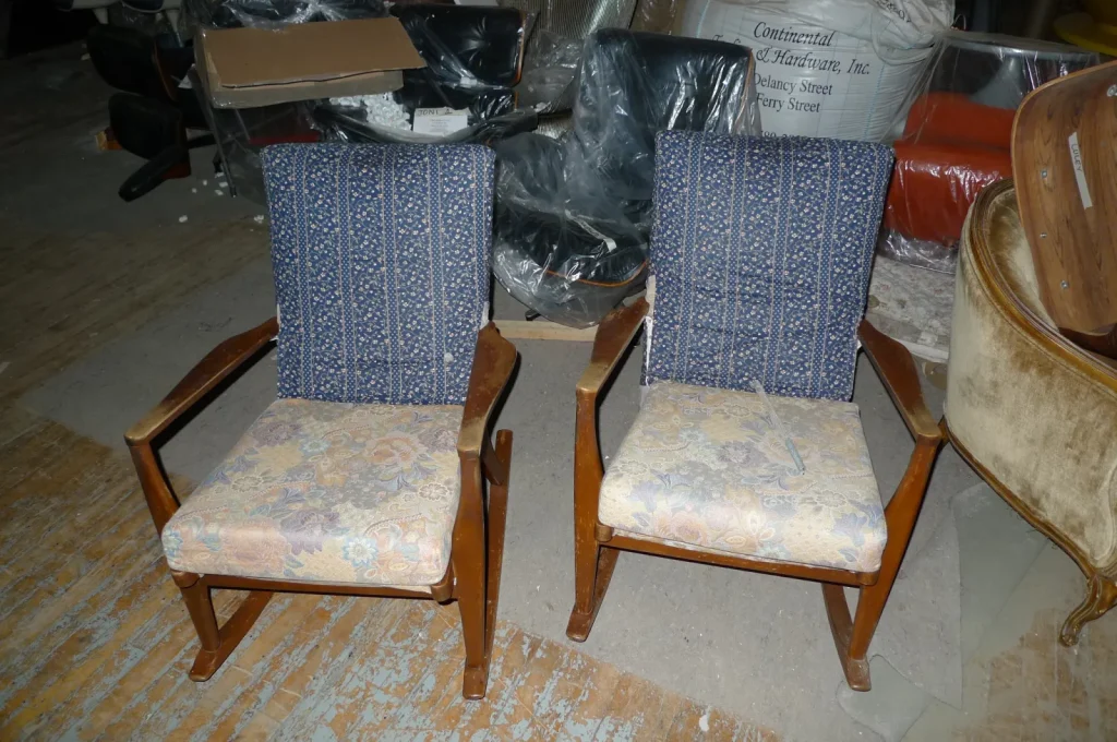 MCM Danish Teak Rocking Chairs — Refinishing & Reupholstery — Before