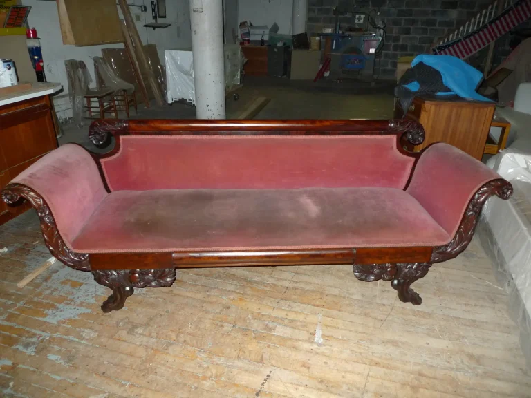 American Federal Duncan Phyfe Sofa — Reupholstery — before restoration by Olek Inc.