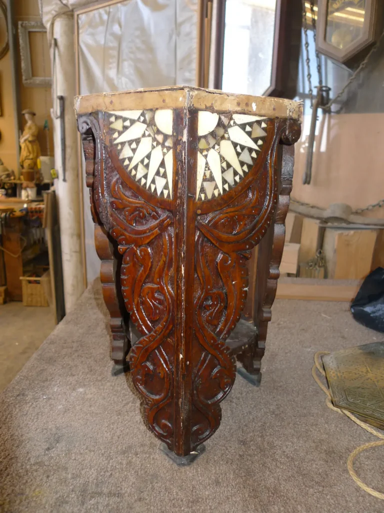 Middle Eastern Carved & Inlaid Lamp Table — Heirloom Restoration — before restoration by Olek Inc.