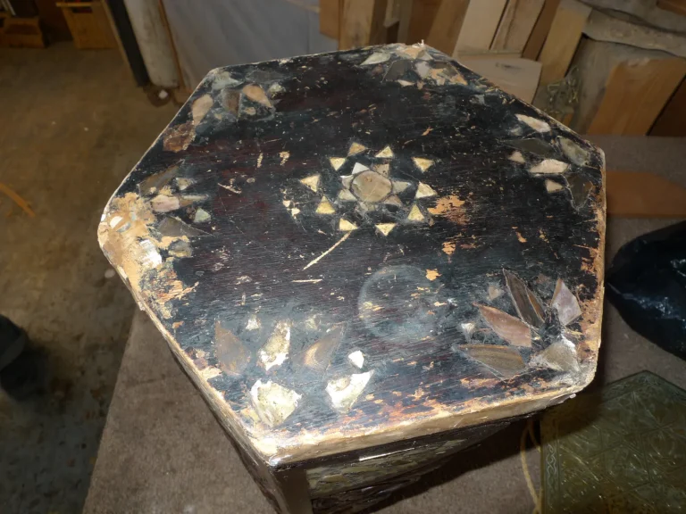 Middle Eastern Carved & Inlaid Lamp Table restoration by Olek Inc.