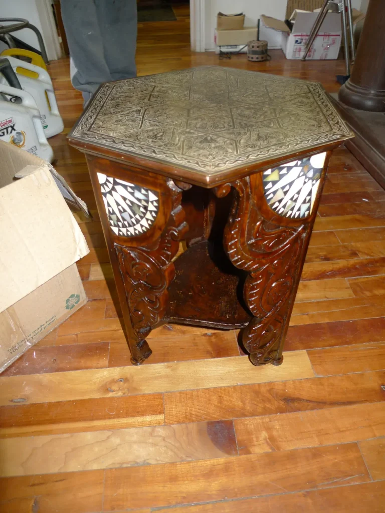 Middle Eastern Carved & Inlaid Lamp Table restoration by Olek Inc.