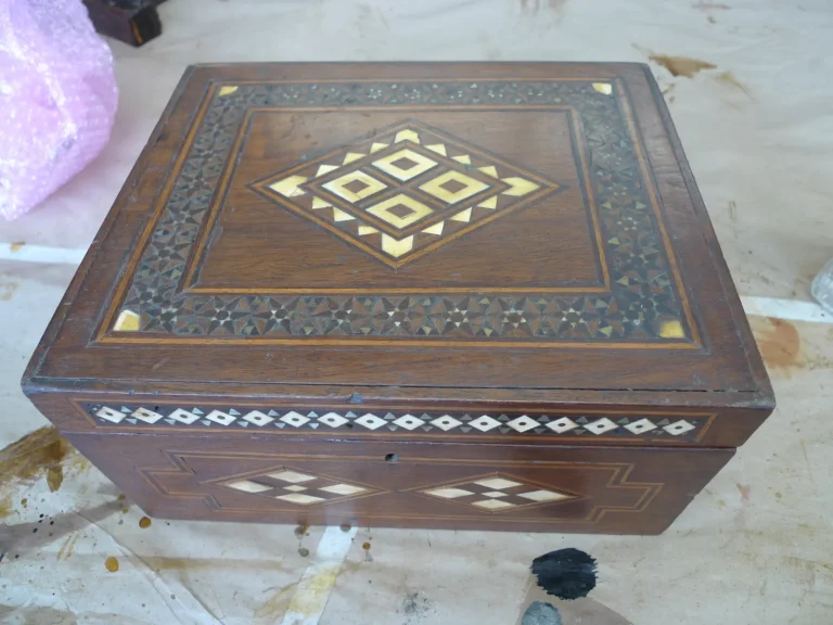 Egyptian Marquetry Jewelry Box — Repair & Refinishing — before restoration by Olek Inc.