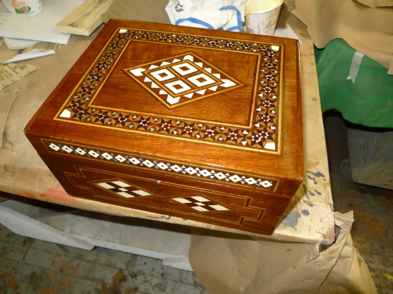 Egyptian Marquetry Jewelry Box restoration by Olek Inc.