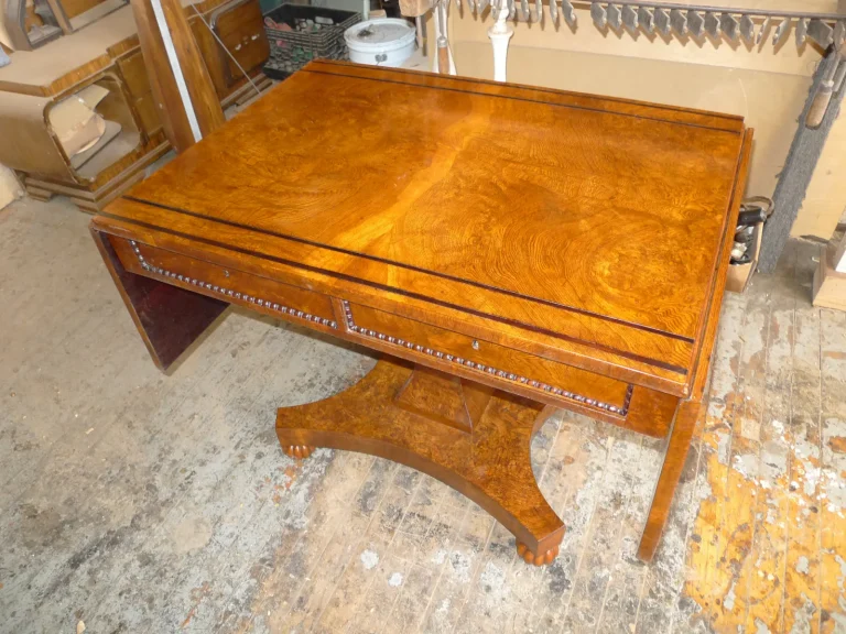 American Empire Burl Chestnut Drop Leaf Table restoration by Olek Inc.