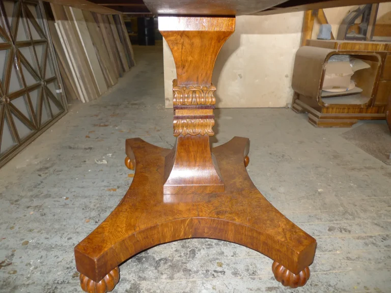 American Empire Burl Chestnut Drop Leaf Table restoration by Olek Inc.