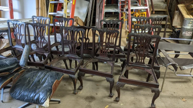 George III period mahogany dining table and chairs before conservation and restoration by Olek Inc.