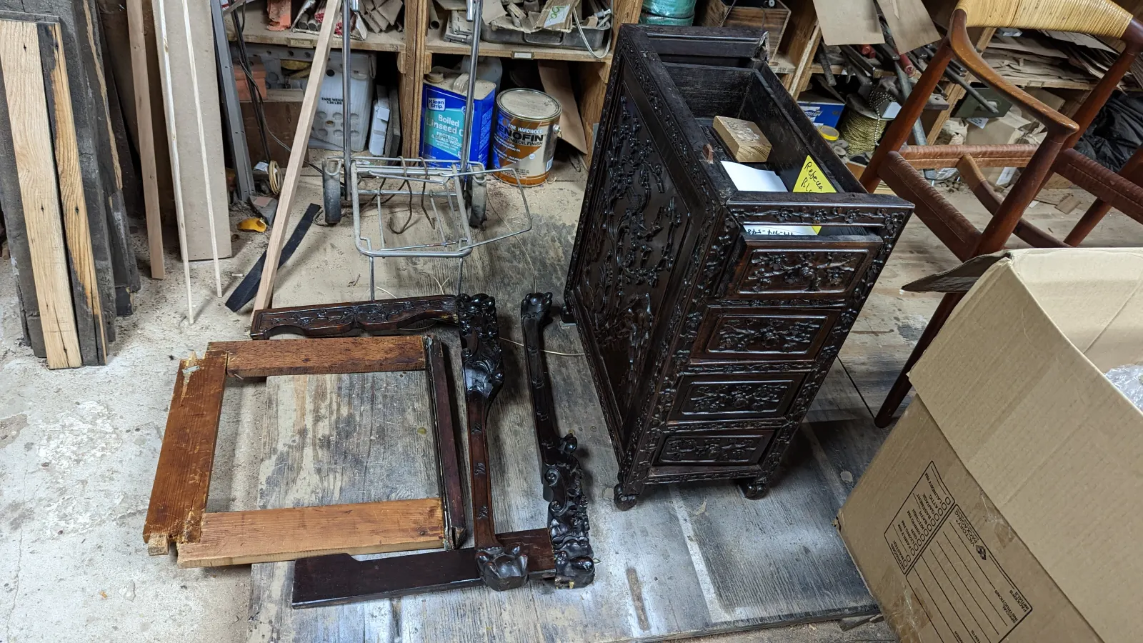 Antique Chinese carved desk after damage repair by Olek Inc.