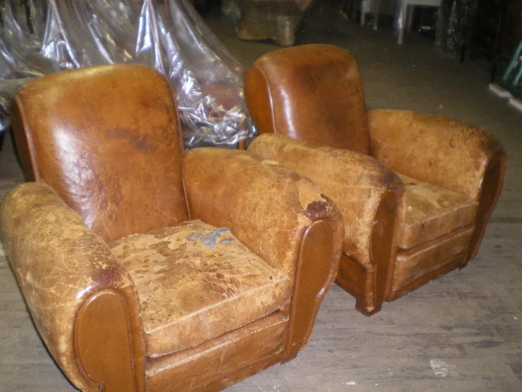 Art Deco French Leather Club Chairs — Reupholstery — Before