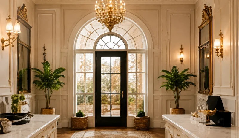 Grand hotel lobby with arched doorways, chandelier and marble surfaces