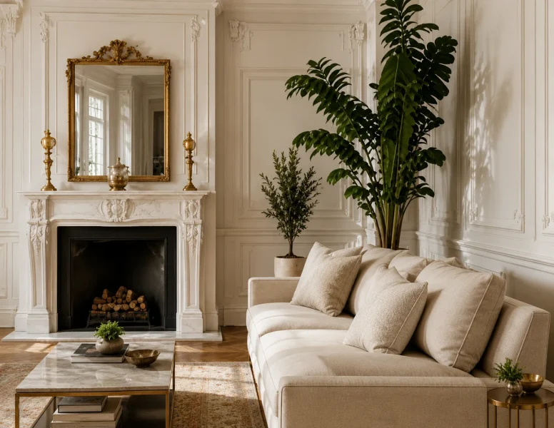 Elegant restored living room with ornate fireplace and classical furnishings